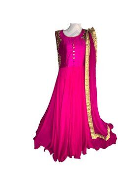 Magenta Pink Anarkali Gown Gold Embroidery Dupatta XL Altered Indian Dress